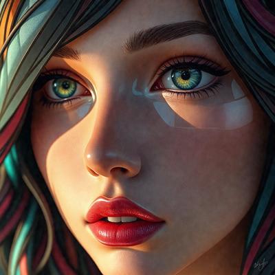 The primary subject of the image is a woman with red hair, wearing lipstick and a blue eye shadow. She has a blue eye and is looking at the camera. The setting is a room with a blue background. The visual style is digital art, and the colors and mood are vibrant and lively.